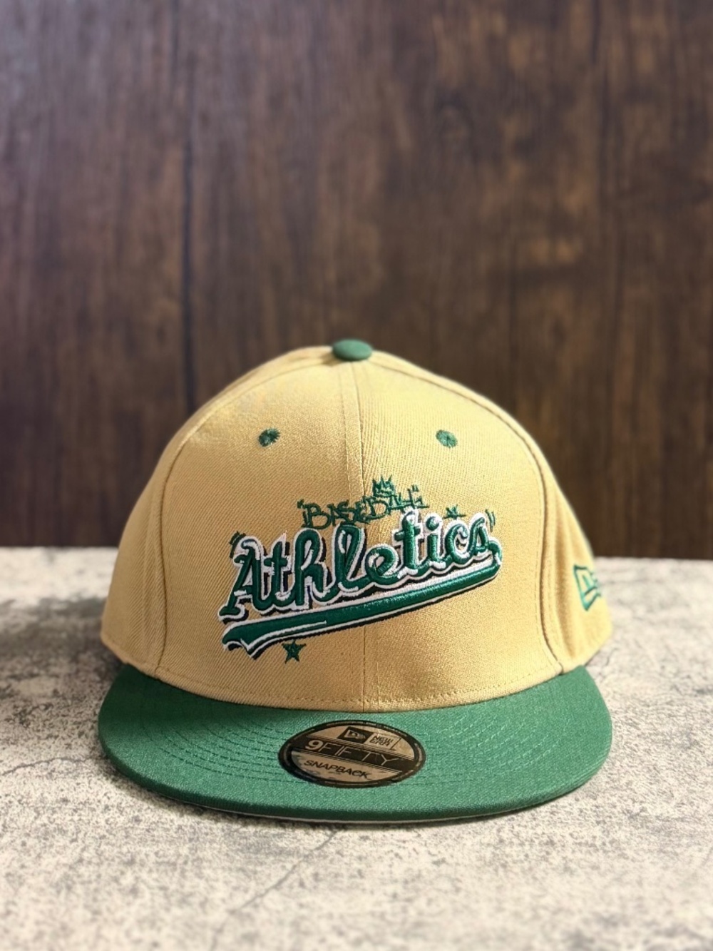 New Era 9FIFTY Oakland Athletics Tan Green Script Snapback Hat OSFA